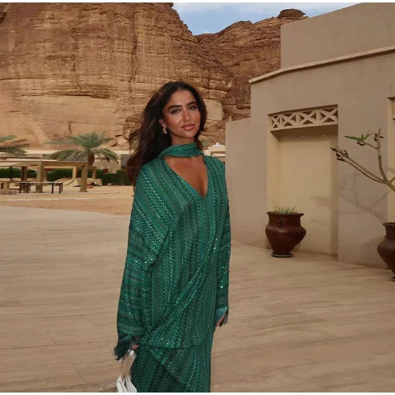 Elegant Tassel Hem Maxi Dress Women V-neck Long Sleeve with Scarf Loose Dresses 2026 NEW Spring Luxury Lady Party Evening Gowns