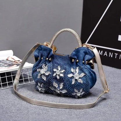 New Luxury Women Denim Bags Sweet Blue Pattern High Quality Handbags With Purses Diamond Ladies Tote Bag Messenger Bags