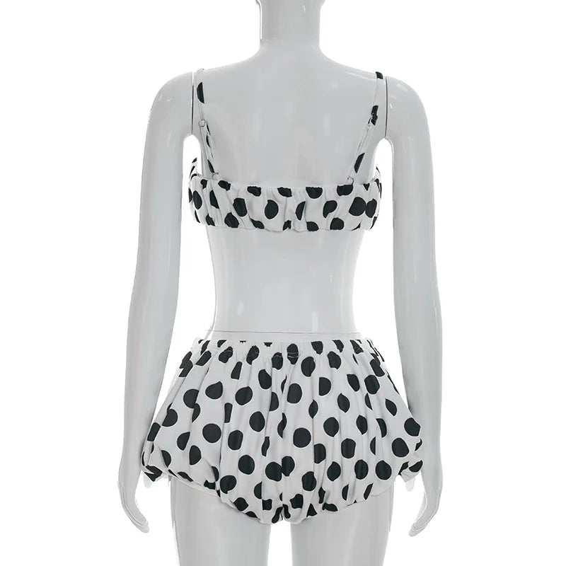 FAGADOER Retro Polka Dot Two Piece Sets Spaghetti Strap Ruched Crop Top + Bubble Puff Shorts Outfits Women Holidays Suits
