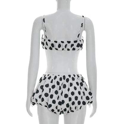 FAGADOER Retro Polka Dot Two Piece Sets Spaghetti Strap Ruched Crop Top + Bubble Puff Shorts Outfits Women Holidays Suits