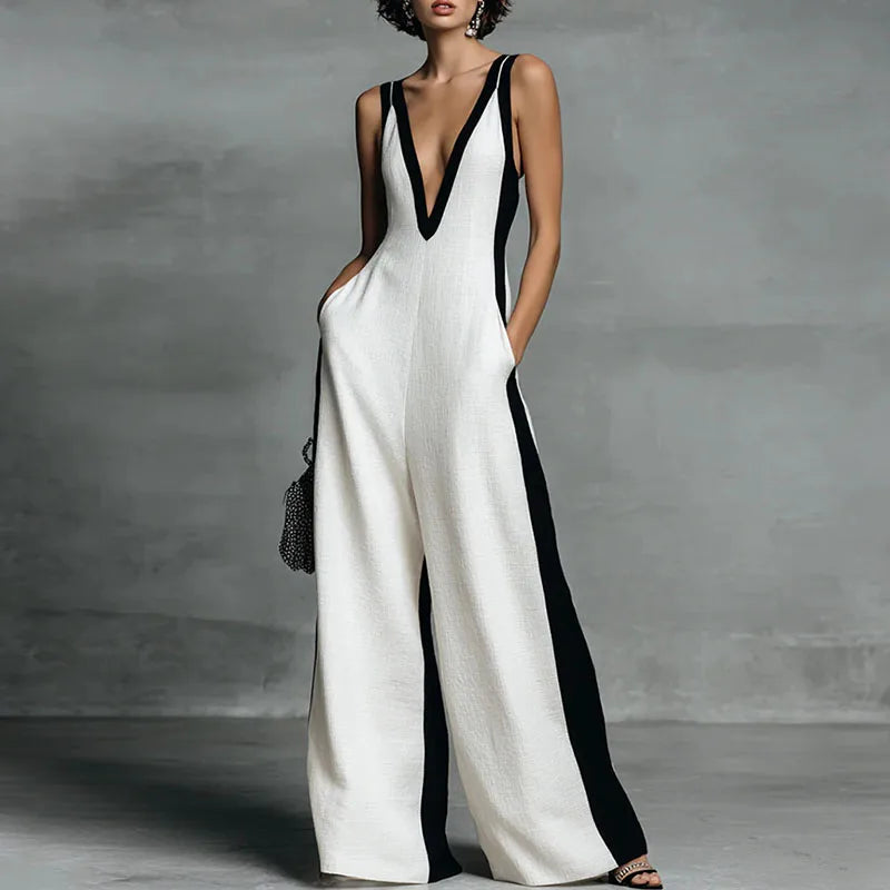 Spring Summer Sleeveless Straps Vacation Jumpsuit Woman Sexy Deep V Neck Hollow Rompers New Elegant Striped Print Beach Overalls