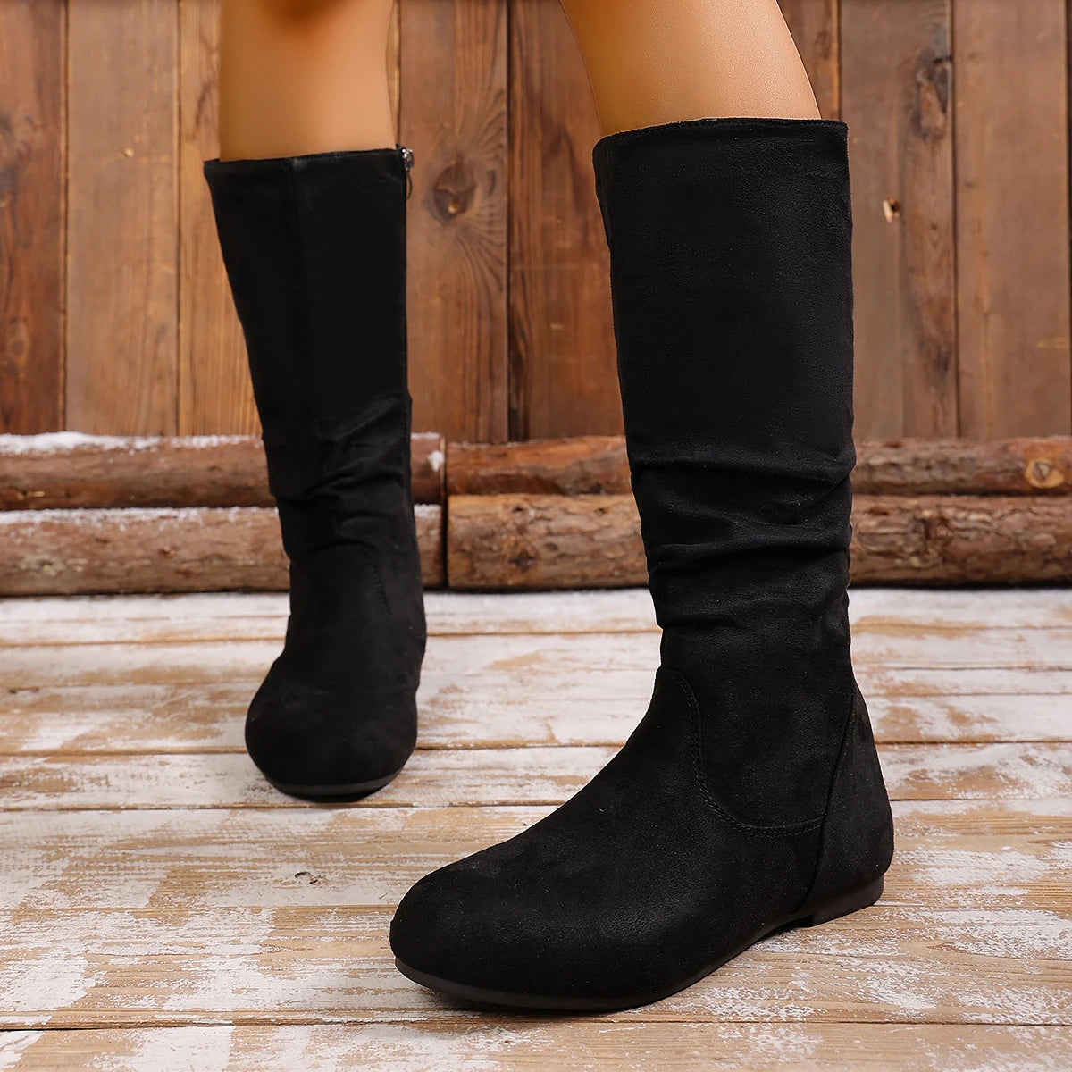 Hot Sale Womens Boots Side Zip Mid Calf Boots Trend Suede Women Flat Boots Luxury Plus Size Women Shoes High Quality Botas Mujer