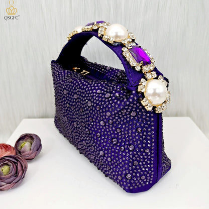 QSGFC 2026 New Fashion Purple Sandals Sequins Rhinestone Point Toe High Heels Slingback Women's Dress Women's Shoes & Bag Set