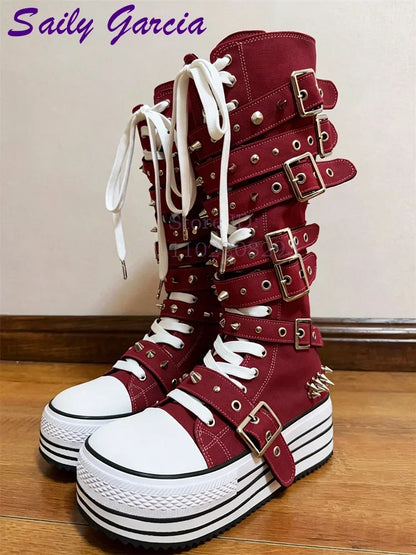 Festival Rave Orange Platform Boots Punk Rivet Buckle Straps Knee High Boots 2026 Fashion Thick Sole Women Shoes Party Footwear