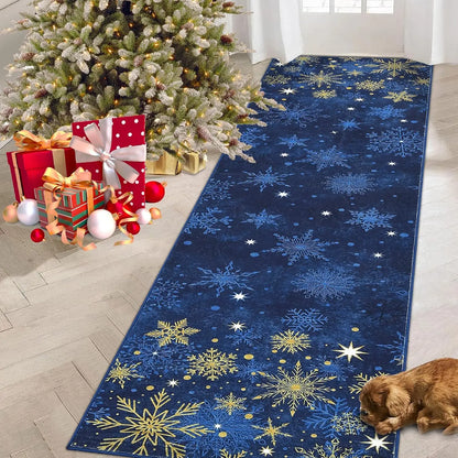 Garvee 2x6inch Christmas Washable Area Rug Non-Slip Area Rugs Soft Soft Fabric Blue Carpet with Snowflake Design for Holiday Home Decor Low Pile, Durable, Pet Friendly