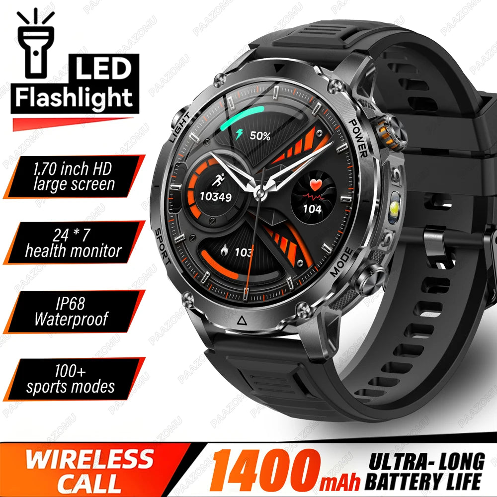 Brand+1400mAh Big Battery Smartwatch Men 1.7" AMOLED 200-Day Standby Swim Diving Waterproof GPS Military Tactical SOS 100 Sports
