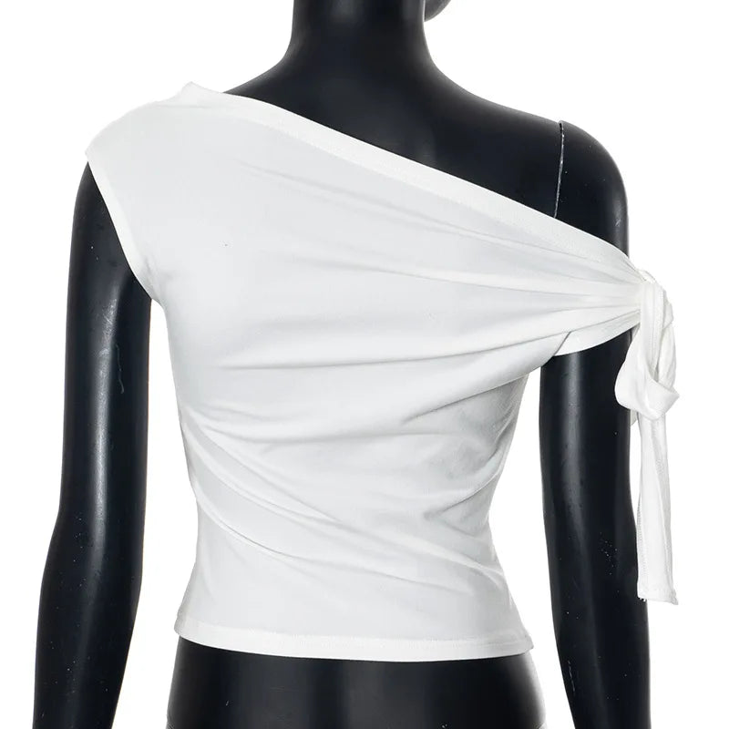 2025 Women'S Summer Ins Style New Shrink Pleated One-Shoulder Crop Top Backless Twist Tie Asymmetric T-Shirt Casual Top