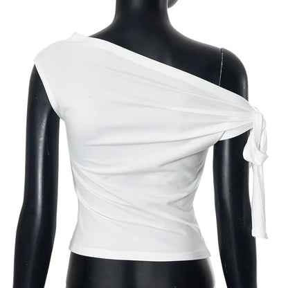 2025 Women'S Summer Ins Style New Shrink Pleated One-Shoulder Crop Top Backless Twist Tie Asymmetric T-Shirt Casual Top