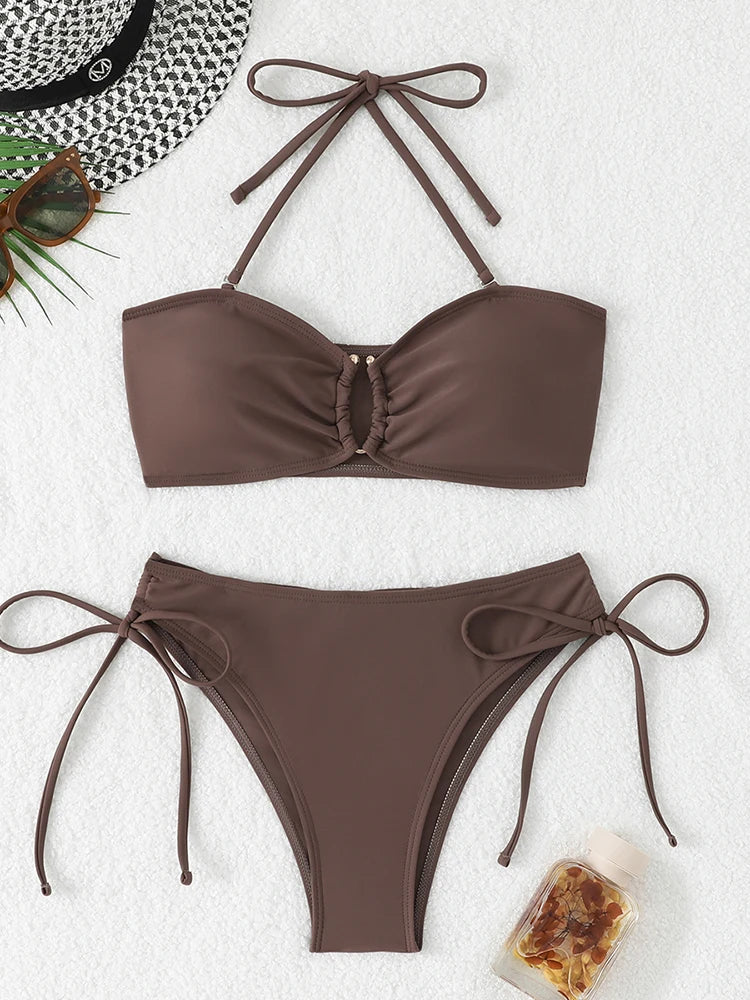 High Waist Bikini Women's Swimsuit 2026 Knotted Bathing Suits Woman Swimwear Bandeau Push Up Bikinis Sets Brazilian Beach Wear