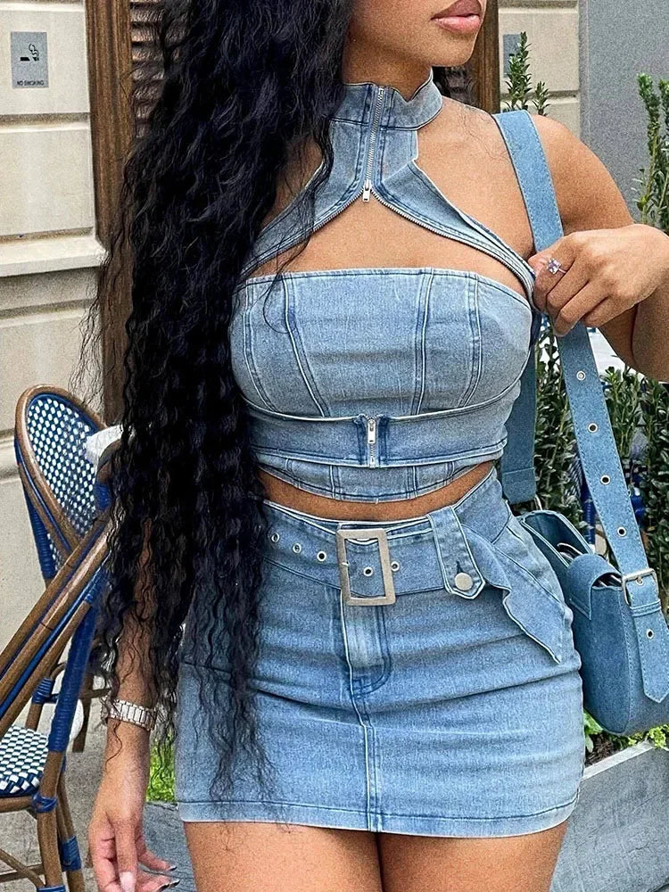 Sexy Denim Two Piece Set Women Y2K Clothes Zipper Halter Hollow Out Backless Crop Top and Mini Skirt Club Party Matching Sets