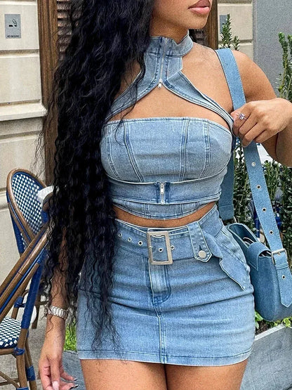 Sexy Denim Two Piece Set Women Y2K Clothes Zipper Halter Hollow Out Backless Crop Top and Mini Skirt Club Party Matching Sets