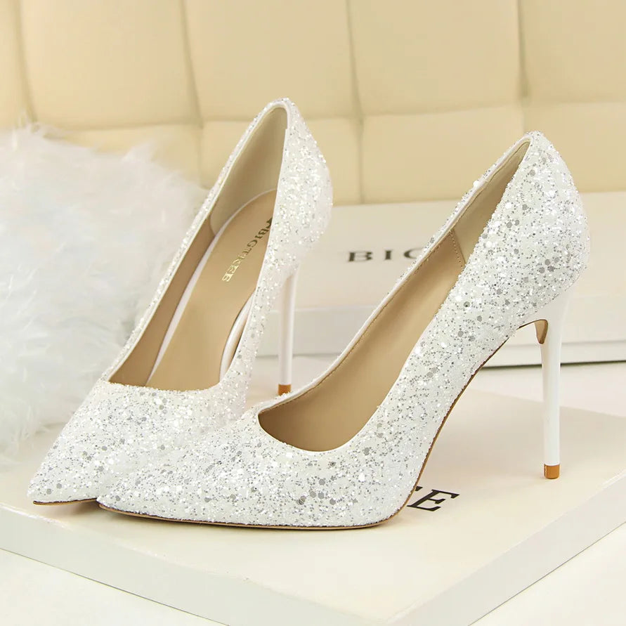 Women 7cm 9.5cm High Heels Pumps Wedding Bridal Scarpins Sparkly Mid Heels Lady Party Sequins Glitter Evening Gold Silver Shoes