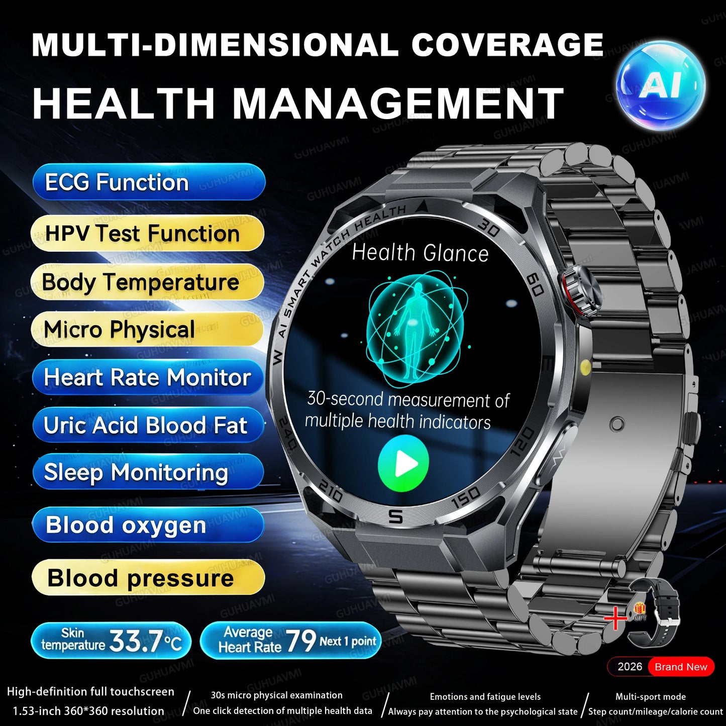 2026 New ECG+PPG Body Fat Analysis Health Smart Watch Uric Acid BP Blood Oxygen Bluetooth call Sports Smart Watch For Men Women