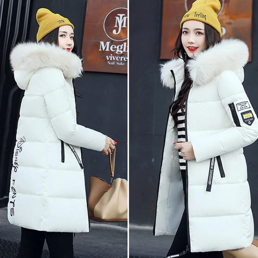 Women Winter Fur Collar Hooded Parka Coats Fashion Letter Patch Zipper Long Jacket Elegant Slim Warm Thick Female Snow Outerwear