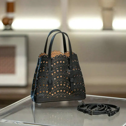 Brand Designer Luxury High Quality Mini Cowhide Shoulder Handbags 2025 Hollow Fashion Large Capacity Genuine Leather Bucket Bag