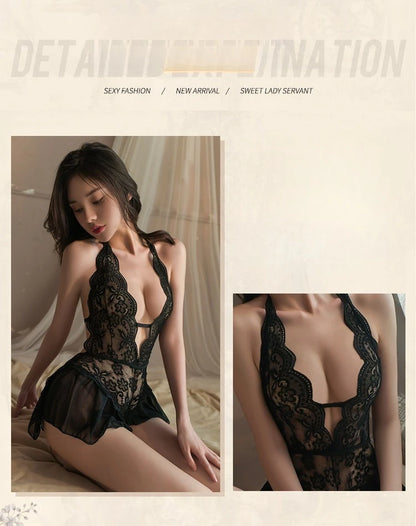 Sexy Lingerie for Women Lace Bodysuit One Piece Teddy Mini Babydoll Mesh Sleepwear V Neck Chemise Nightgowns