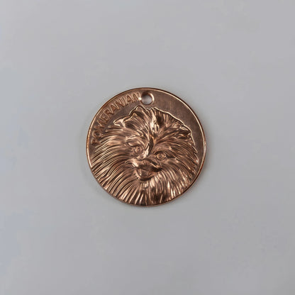 27mm Pure Red Copper Dog Tag, 3D Embossed Pomeranian Pattern Round Pet ID Tag, Custom Engraved Dog Collar Name Tag for Small Dog