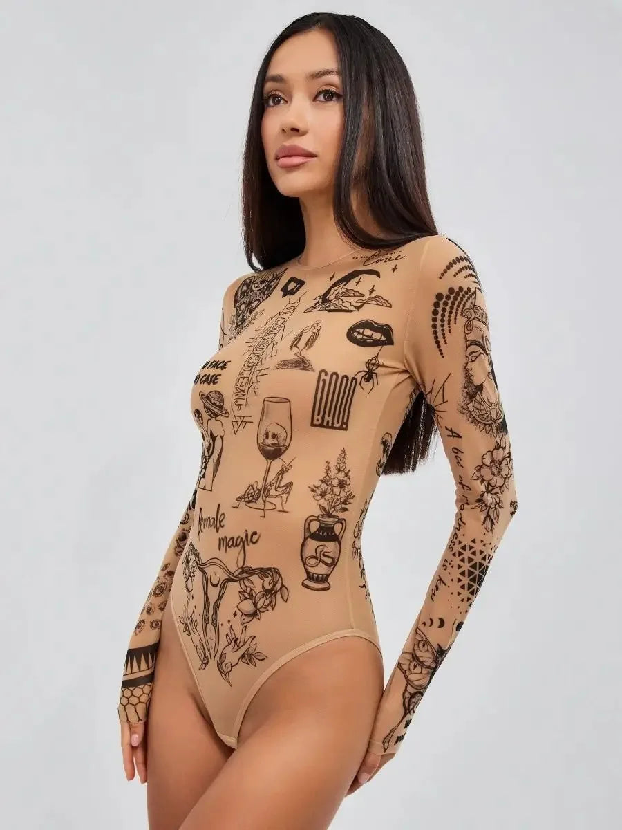 Skin Color Unique Design Sense Pattern Printed Round Neck Slim Fit Sexy Spring Autumn Long Sleeved Tight Fitting Bodysuit Womens