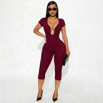 Short Sleeve Sexy Club Party Jumpsuit Women Y2K Casual Autumn Winter V Neck Bodycon Black Overalls Rompers Streetwear Vacation