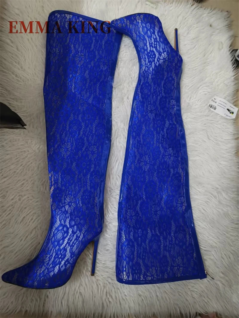 Spring Women Lace With PVC Thigh High Boots Sexy Pointed Toe Stiletto High Heels Transparent Over The Knee Boots Bigger Size 44
