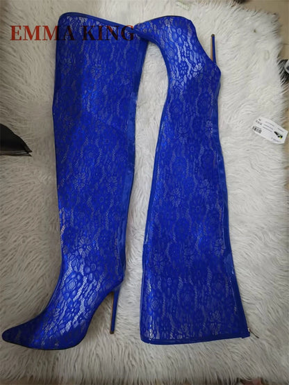 Spring Women Lace With PVC Thigh High Boots Sexy Pointed Toe Stiletto High Heels Transparent Over The Knee Boots Bigger Size 44