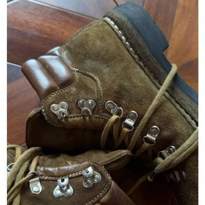 Men's Suede Leather Motorcycle Boots Rivet Mountaineering Shoes Lace-Up Metal Outdoor Mid-calf Western Hiking Boots