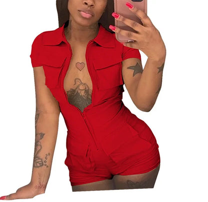 Red Jumpsuit for Woman Short Zipper V Turn Down Short Sleeve Overall Jumpsuit Shorts Casual Pockets Bodycon Rompers 2XL