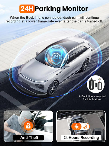 Dash Cam 4K Dual Lens Recording Car Camera DVR Night Vision Video Recorder Built-In Wi-Fi Support 24H Parking Monitoring Black Box Free 64GB Card