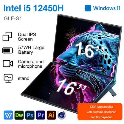 GLF-S1 Laptop 16+16 Inch Big Dual Screen Intel I3-1215U Laptop Computers Camera Windows 11 DDR4 M.2 2280 2TB WIFI Dual Notebook