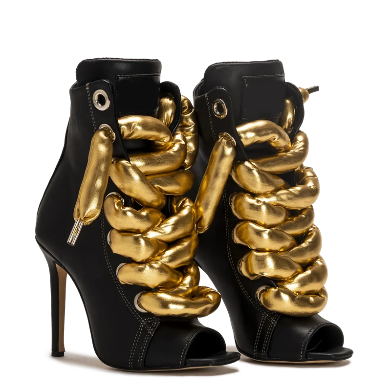 Peep Toe Corss Tied Patchwork Ankle Boots Sexy Square Toe Thick Heel New Arrivals Fashion Women Runway Shoes