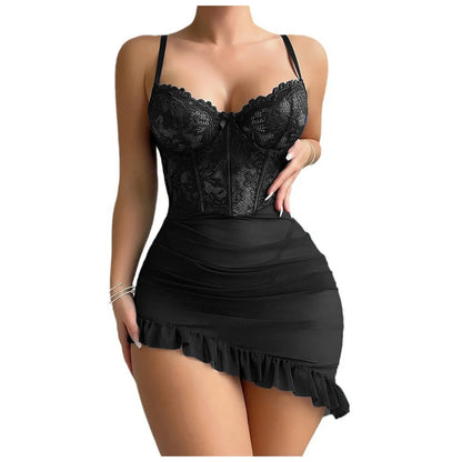Erotic Set Transparent Underwire BraSexy Fairy Lingerie Women's See Through Lace Nightdress Pajamas Sets Delicate Sexy Nighty