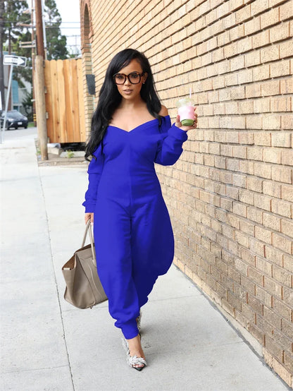 Doyerl Autumn Winter Solid Jumpsuits for Woman Long Sleeve Romper Sexy Off the Shoulder V-neck One Pieces Overalls Combinaison