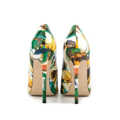 Multicolor Abstract Graffiti Print Pointed Toe Stiletto Pumps, Women Thin Heel Evening Shoes for Wedding, Formal Party and Night