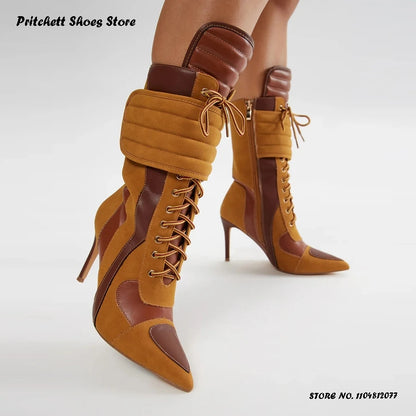Women's Sports Style Stiletto Booties Patchwork Cross-tied Trending Ankle Boots Pointed Toe Thin Heels Side Zip Plus Size Shoes