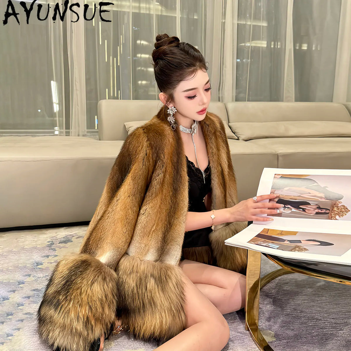 AYUNSUE Natural Mink Fur Coat Women Qinggen Whole Mink Womens Coats Winter Jacket Fashion V-neck New in Outerwears Abrigos Mujer