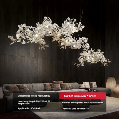 Ginkgo Leaves Loft Hanging Chandelier Light For High Ceiling Staircase Living Dining Room Modern White Porcelain Leaf Chandelier