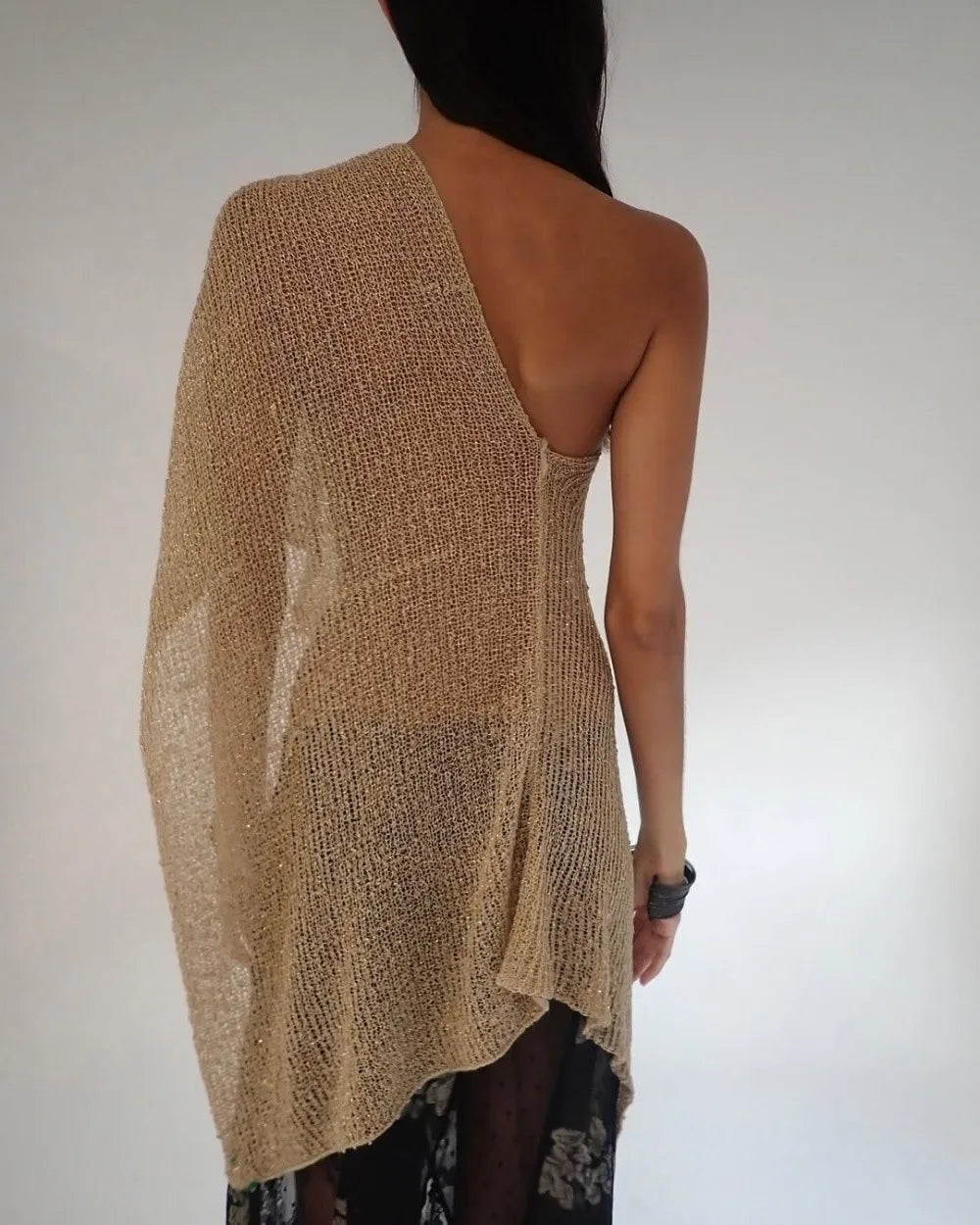 Casual Drop Shoulder Crochet Poncho Sweater Sheer Multi-wear Halter Shawl Irregular Knitted Cover-ups Vacation Outfits