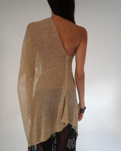 Casual Drop Shoulder Crochet Poncho Sweater Sheer Multi-wear Halter Shawl Irregular Knitted Cover-ups Vacation Outfits