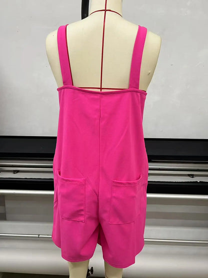 Women Sleeveless Strap Short Romper Heart Neck Pleated Wide Leg Jumpsuit With Pockets Loose Summer Casual Beach Vacation Outfit
