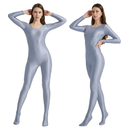 Women's Smooth Glossy High-Elastic Round Neck One Piece Catsuit Long Sleeve Zentai Jumpsuits Cosplay Performance Tights Bodysuit