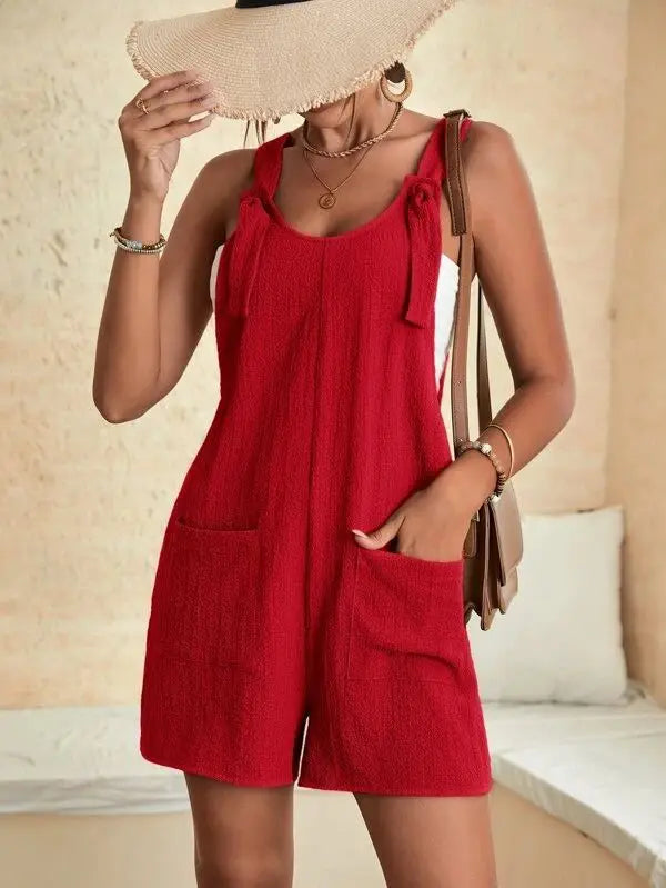 Women's Casual Summer Short Rompers Loose Overall Solid Sleeveless Lace up Wide Leg Pant Tie Knot Strap Jumpsuits with Pockets