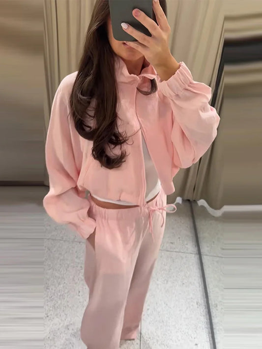 Stand Collar Thin Cropped Coats Pants Suits Women Street Lantern Long Sleeve Zipper Loose Tops Drawstring Wide Leg Trousers Sets