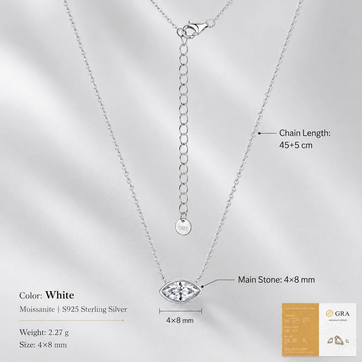 Evil Eye Moissanite Pendant Necklace Marquise Cut 4x8mm Bezel Set S925 Sterling Silver D Color VVS1 GRA Certified Gift for Women