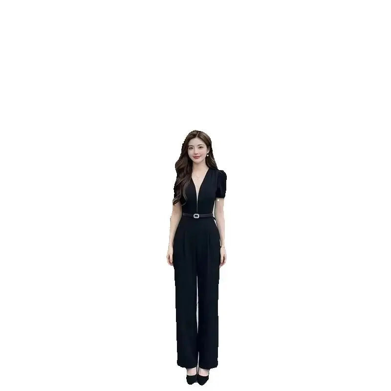 Lazy Style Slimming Short Sleeved Jumpsuit For Women 2026 Summer New Fashion French V-neck Versatile trend Long Women's Rompers
