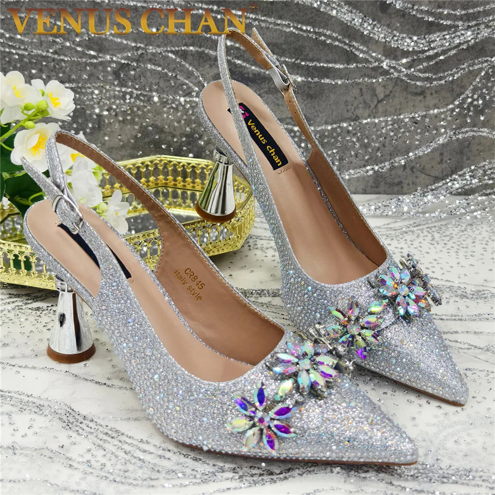 New Fashion Pointed Toe Shoes Heels Elegant Italian Woman Wedding for Party Shoes Women Party Pumps Decorated with Rhinestone