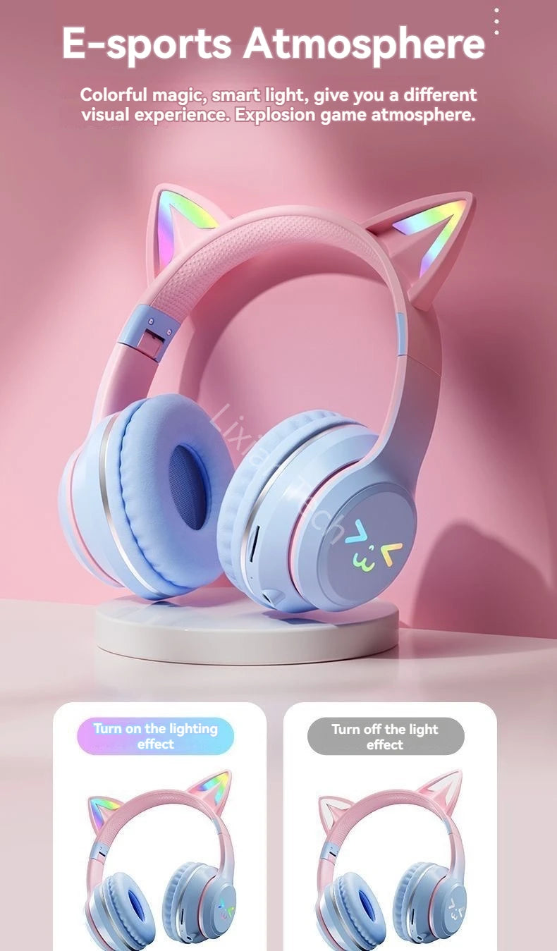 GRB Glow Gaming Headset Gamer Stereo Bass Cat Ear Wireless Earpods Bluetooth Earphones TYPE-C Cable Headphones Blutooth Handfree