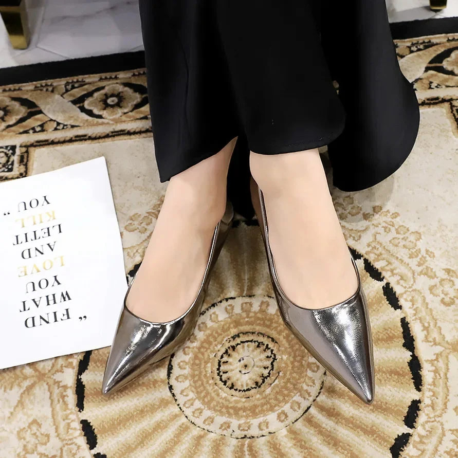 Women Comfortable 3.5cm High Heels Shallow Pointed Toe Work Pumps Lady Glossy Leather Low Heels 2024 Luxury Brand Designer Shoes