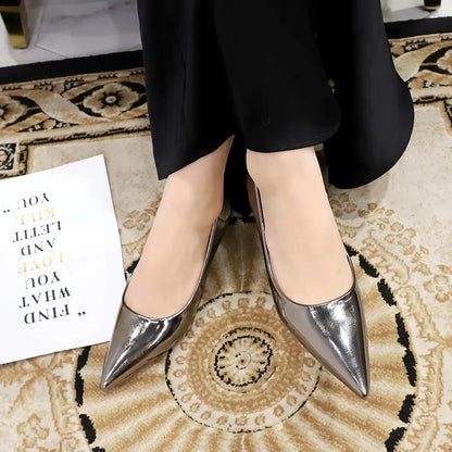 Women Comfortable 3.5cm High Heels Shallow Pointed Toe Work Pumps Lady Glossy Leather Low Heels 2024 Luxury Brand Designer Shoes