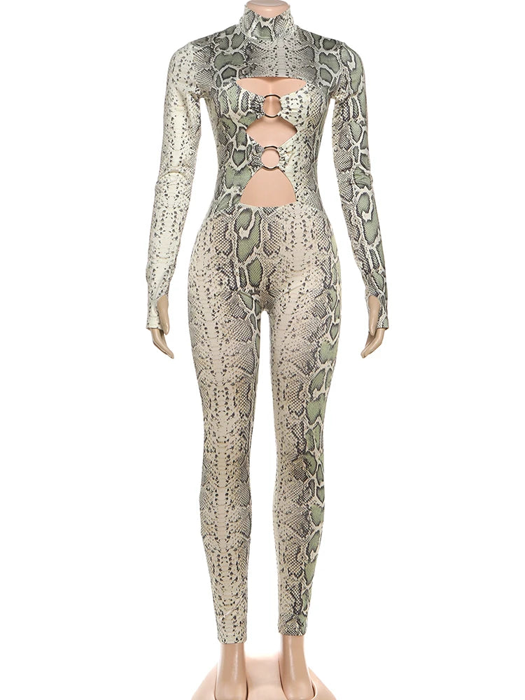 Nibber Peach Hip Jumpsuits Woman Sexy Hollow Serpentine Print o-Neck Full Sleeve Skinny Midnight Club Party Coquette Overalls