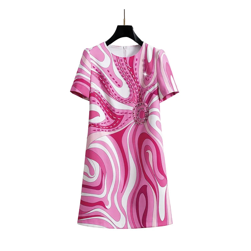 Women Pink Printed Beaded Dress Short Sleeve Round Neck a Line Elegant Summer Fashion Luxury Party Embroidered Chic Midi Dress